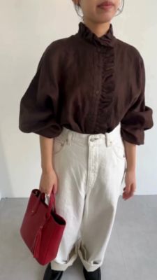 バイマレーネビルガー フリル ブラウン半袖 シルク パフスリーブ ブラウス バイマレーネビルガー フリル ブラウン半袖 シルク パフスリーブ