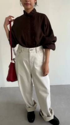 美品 12closet リネンフリルブラウス ホワイト麻100% 12closet(トゥエルブクローゼット)の【石上美津江さんコラボ