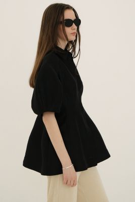 CLANE◆WAIST SHAPE PAFF SLEEVE TOP/半袖ブラウス/1/ポリエステル/BLK/18122-42// CLANE(クラネ) | グラフペーパー,フレッシュサービス,サロモン