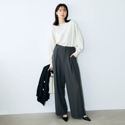 昨年大好評のコラボパンツが暖かで上品な素材で登場　【斉藤くみさんコラボ】裏起毛サイドベルトつきタックパンツ