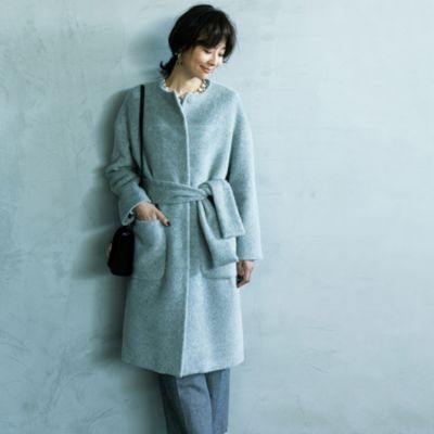 saqui アルパカ　ノーカラーコート　ベージュ　ベルト付き saqui(サキ)の【LEE別注】アルパカウールノーカラーコート