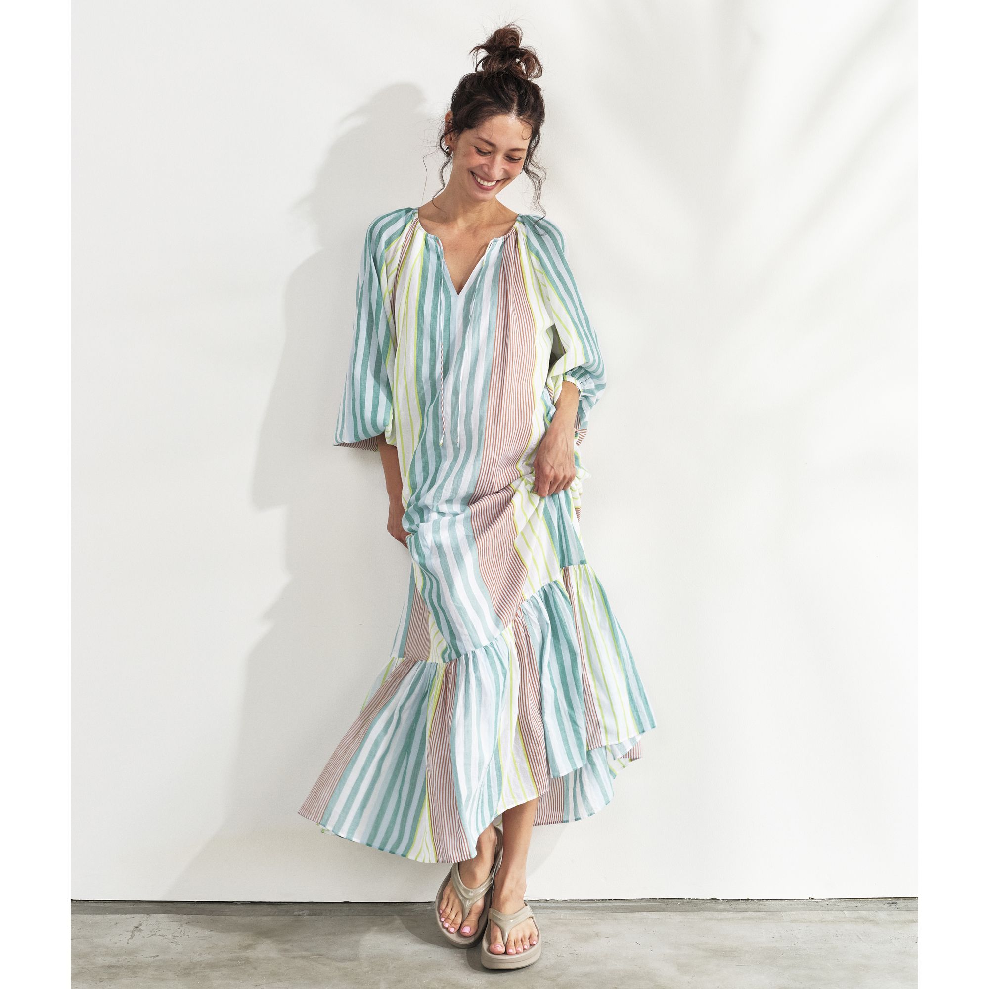 ne Quittez pas(ヌキテパ)/【ブレンダさん別注】COTTON VOILE STRIPE GATHER NECK DRESS