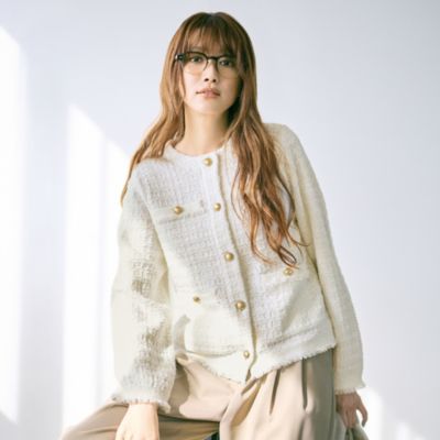 糸をミックスして立体感を出すことで大人っぽくリッチな雰囲気に　【洗える】ツイードジャケット風ニットカーディガン