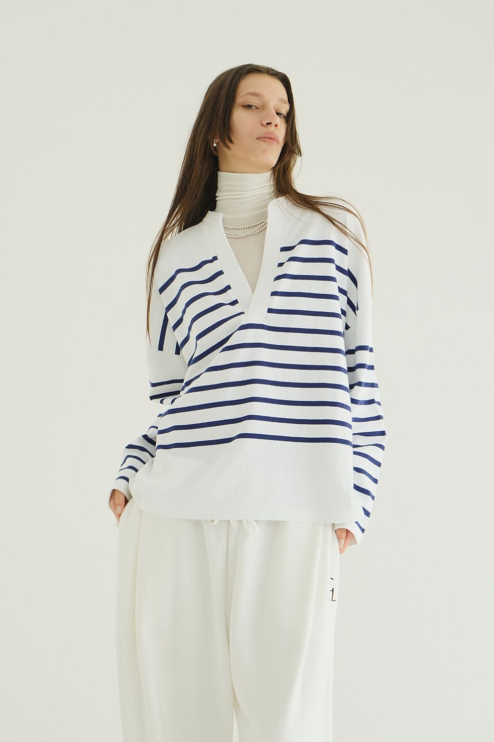 CLANE(クラネ)/WIDE HENRY NECK BORDER TOPS