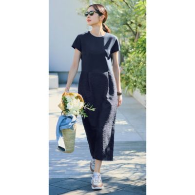 ストレッチのきいたトップスと、主役級のジャカードコクーンスカートがドッキング　【東原妙子さんコラボ】【洗える】腰高ジャカードドッキングワンピース