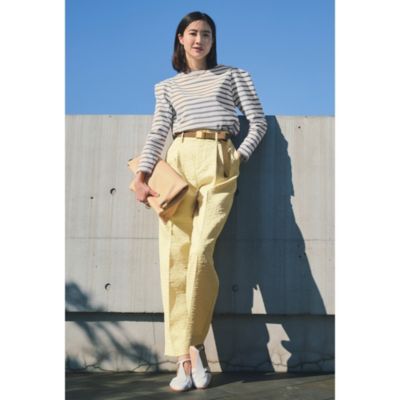 上品になじむクリームイエローを、シーズンレスなジャカードパンツで先取り　【東原妙子さんコラボ】【洗える】脚長ジャカードタックパンツ