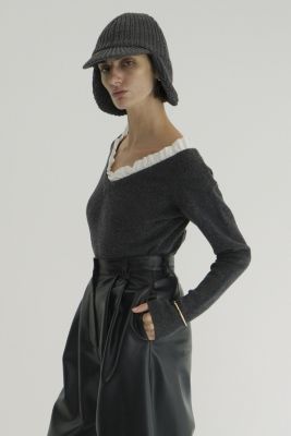 CLANE 2WAY FRILL V 甘ったれ NECK KNIT TOPS グレー