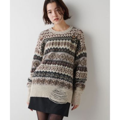 Whim Gazette ダメージフェアアイルニットプルオーバー F ベージュ Whim Gazette(ウィム ガゼット)のダメージフェアアイルニットプル