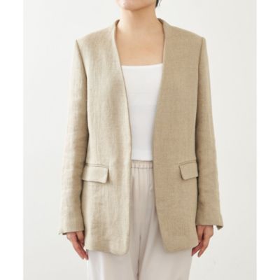 4544【美品】ウィムガゼット　ノーカラージャケット リネン混　ベージュ 4544【美品】ウィムガゼット ノーカラージャケット リネン混