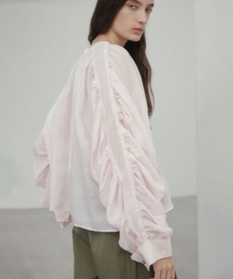 25SS 今季 ベイジ ポリーヌ タックギャザーリネンボリュームブラウス BEIGE，(ベイジ)の【洗える】PAULINE / タックギャザーリネン