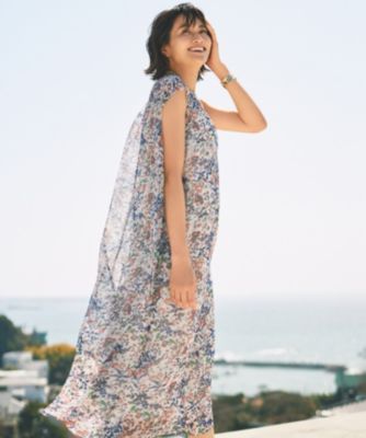 美品 自由区 自由区 ジユウク 洗える フラワープリント ワンピース セール】 【洗える】モノトーンフラワープリント ワンピース