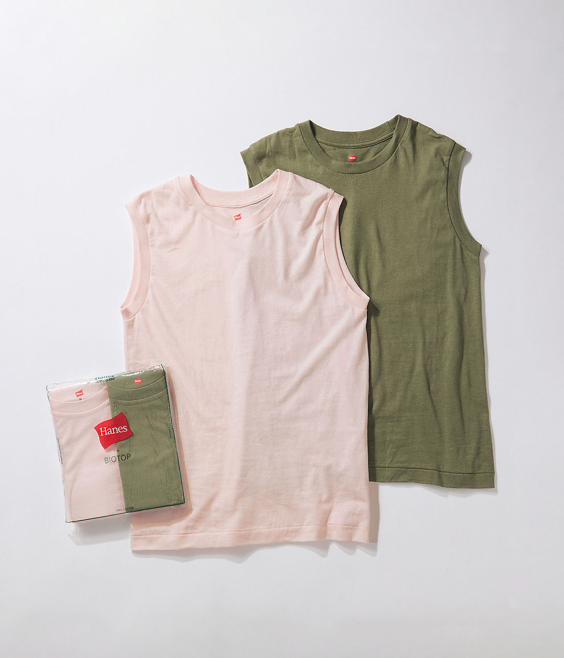 ADAM ET ROPE’【Hanes for BIOTOP】Sleeveless T-Shirts/color￥5,280　ピンク×カーキ