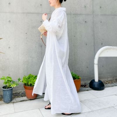 tsumogu: リネンシャツワンピース Fサイズ アイボリー ロング丈 シャツワンピース ワンピース レディース ロングワンピース 春