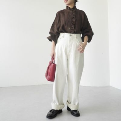 美品 12closet リネンフリルブラウス ホワイト麻100% 12closet(トゥエルブクローゼット)の【石上美津江さんコラボ