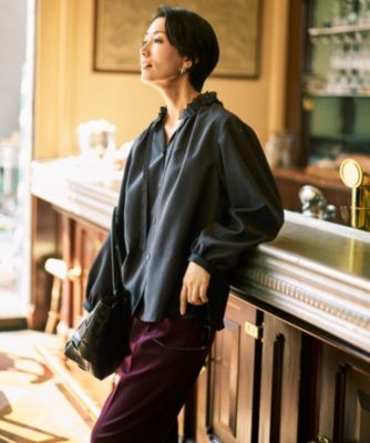 自由区L 大きいサイズ　SHIHOさん着用　コットンサテンテーパード パンツ 自由区(ジユウク)の【SHIHOさん着用・洗える】TRスラブツイル