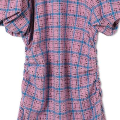 【関税・送料込 国内発送】 GANNI チェック ミニドレス GANNI ストレッチシアサッカー ミニワンピース ルーシュ入り