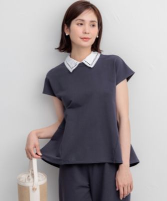 PLEATS PLEASEサークル刺繍 丸襟カットソー　半袖　変形スリーブ 組曲 L(クミキョク エル)のフレンチテリー 刺繍襟 ペプラムカットソー