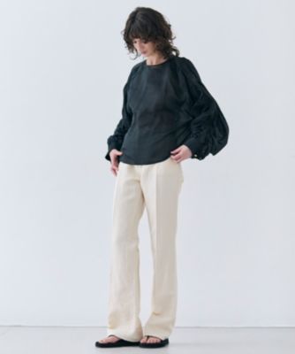 25SS 今季 ベイジ ポリーヌ タックギャザーリネンボリュームブラウス BEIGE，(ベイジ)の【洗える】PAULINE / タックギャザーリネン