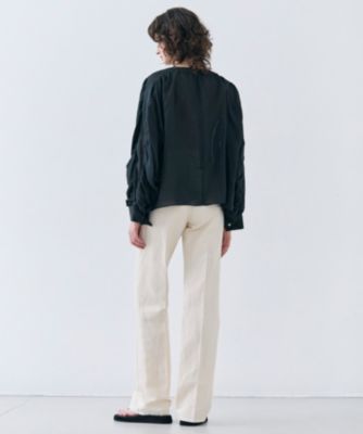 25SS 今季 ベイジ ポリーヌ タックギャザーリネンボリュームブラウス BEIGE，(ベイジ)の【洗える】PAULINE / タックギャザーリネン