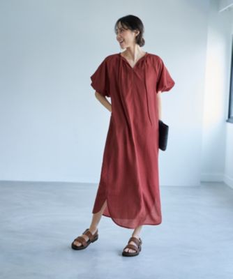 ✨美品✨ CADUNEカデュネ　楊柳バルーンスリーブワンピース　リネン混　日本製 CADUNE カデュネ ウエストドロストワンピース リネン混ロング