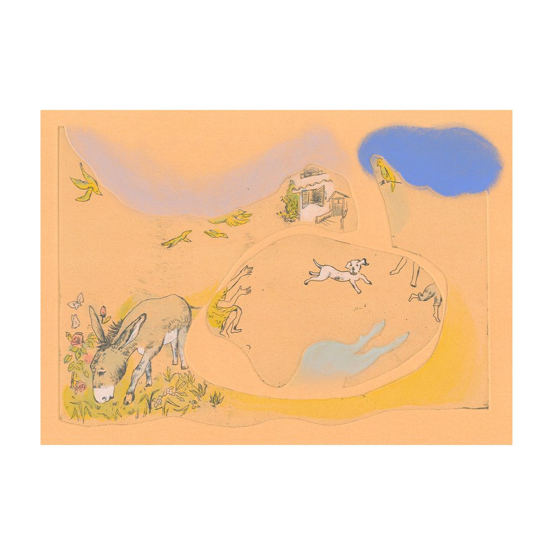  山本容子作(ヤマモトヨウコ サク)/『カナリアが飛んだ』銅版画、手彩色
