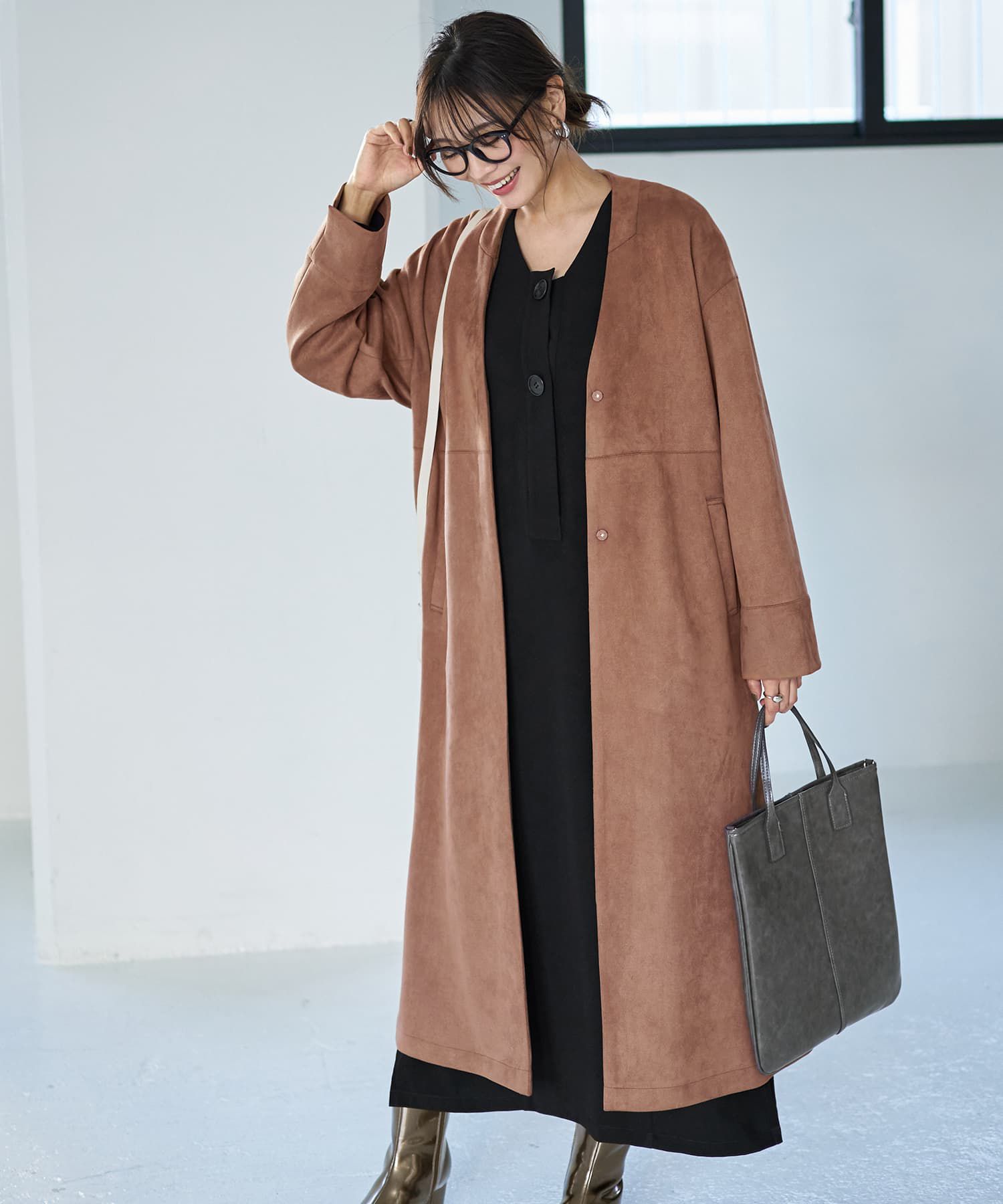 STYLE DELI(スタイルデリ)/フェイクスエードノーカラーコート／ロング丈