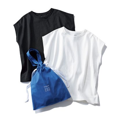 肩がきちんと隠れる絶妙なカッティングで、二の腕がすっきり見えると評判のフレンチスリーブTシャツは、万能なホワイト＆ブラックの2枚組。　【洗える】大人に似合う・巾着つき USAコットンフレンチスリーブTシャツ（2枚入り）