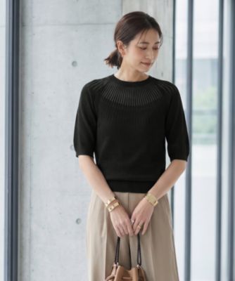 新品 シアーデコルテ刺繍半袖リブニット シアーデコルテツイストリボンニット | Rlab store