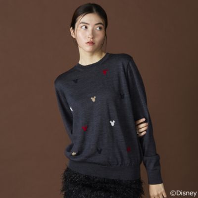 ミッキーのシルエットを散りばめたさりげなくシックなニット　16Gインターシャ編み ウール MICKEY MOUSE/クルーネック