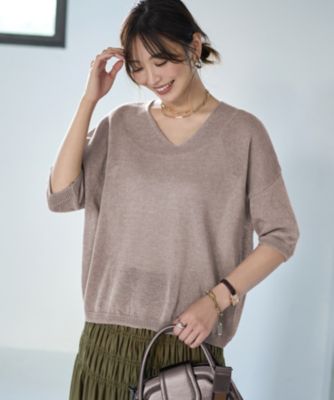 集英社HAPPY PLUS STORESTYLE DELI（スタイルデリ）/リネン混シアー編み５分袖Vネックニット