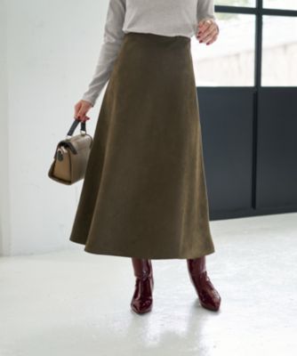 こう見えて全体が伸びるしウエスト全ゴム　スッキリとしたスエード調Aラインスカート