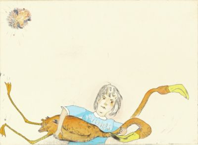 2025年eclat12月号特別付録　2026年「不思議の国のアリス」カレンダー掲載、銅版画家山本容子さんの原画 『Flamingo』　『Flamingo』銅版画 手彩色