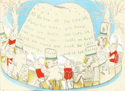 2025年eclat12月号特別付録　2026年「不思議の国のアリス」カレンダー掲載、銅版画家山本容子さんの原画 『never ending tea party』　『never ending tea party』銅版画 手彩色