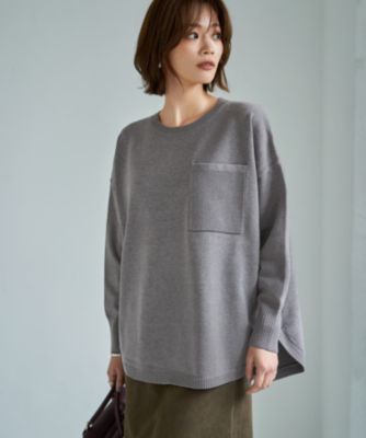 手洗い可能でチクチク無しの快適な肌触り　ラフなのに垢抜けたオシャレ感を持つニット　胸ポケット裾ラウンドニットトップス