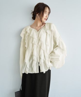 【LUXE】フリルドレープブラウス／半袖丈　スタイルデリ　新品未使用 STYLE DELI(スタイルデリ)の【LUXE】ドレープフリルブラウス通販