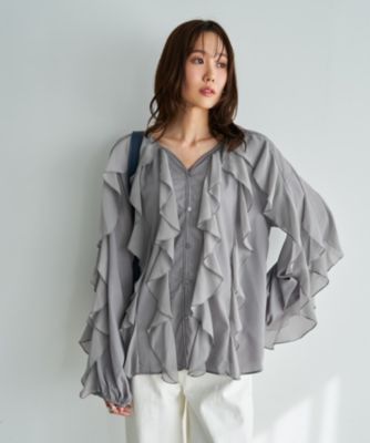 【LUXE】フリルドレープブラウス／半袖丈　スタイルデリ　新品未使用 STYLE DELI(スタイルデリ)の【LUXE】ドレープフリルブラウス通販