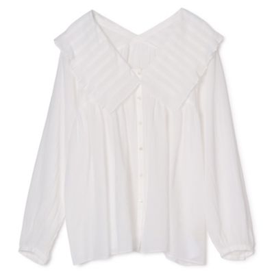 タック＋フリルの大きな衿が特徴的なデザインブラウスです。　コットンシフォンプリーツカラーブラウス