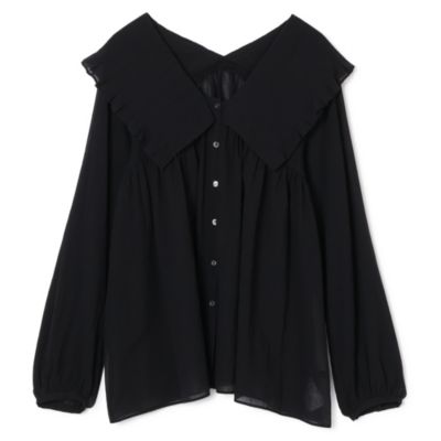 タック＋フリルの大きな衿が特徴的なデザインブラウスです。　コットンシフォンプリーツカラーブラウス