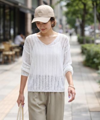 STYLE DELI(スタイルデリ)の涼しいストライプ編みVネックシアーニット 