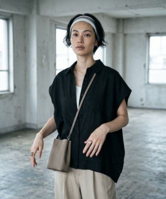 アドーア リネンバンドカラータックビッグシャツ 38 ブラック ゆったり 
