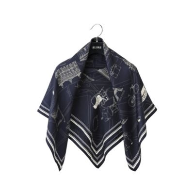 【aLORS】スカーフ（ダークネイビー×アイボリー・90×90） aLORS(アロー)のFoulard Ex-libris Paris x aLORS -une collaboration