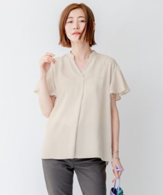 美品 23AW 23区 ニジュウサンク 洗える バックサテンアムンゼン 袖フリル キーネック ブラウス シャツ BLWOSA0104 38 ネイビー レディース 古着 中古 v_D01LV5_02.jpg?$500$