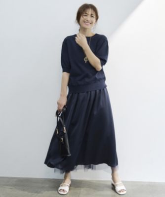 J&M DAVIDSONシルク混チュールフレアワンピース12サイズ紺色