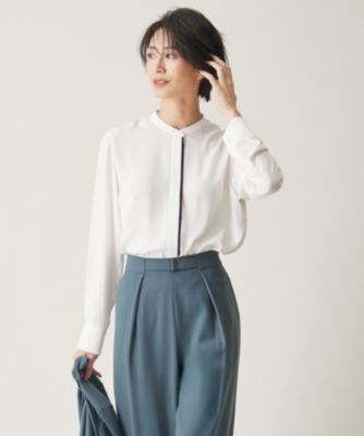 ICB Back Amunzen バンドカラーブラウス　半袖　アイビーシー UVケア・速乾・洗える】BackSatinAmunzen バンドカラーブラウス