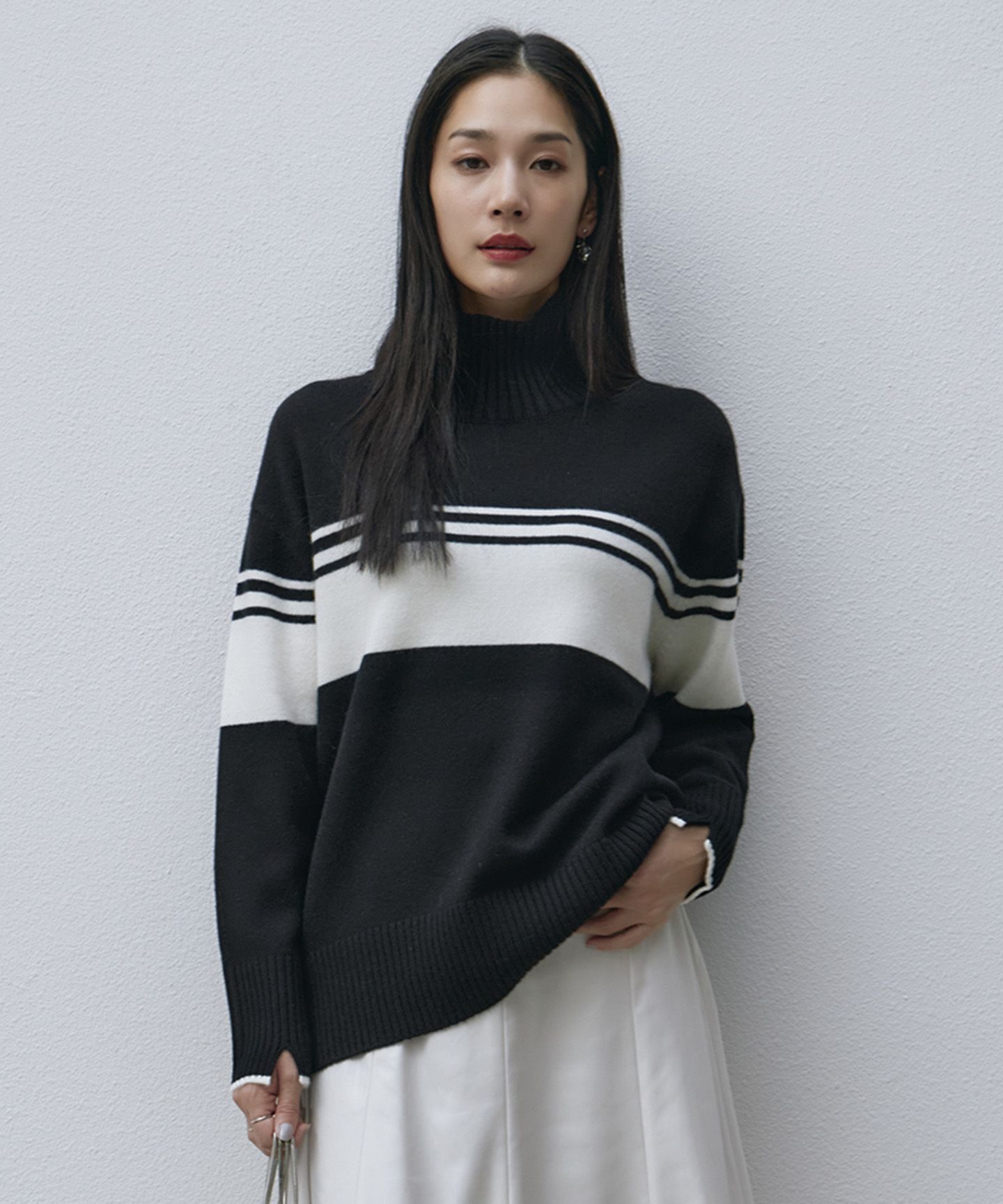 ICB(アイシービー)/【CLASSY.1月号掲載・洗える】ソフトカシミヤミックス 配色ボーダーハイネックニット