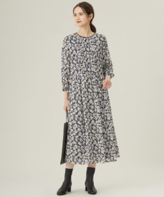 美品 自由区 自由区 ジユウク 洗える フラワープリント ワンピース セール】 【洗える】モノトーンフラワープリント ワンピース