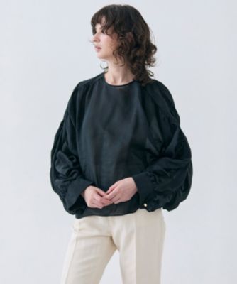 25SS 今季 ベイジ ポリーヌ タックギャザーリネンボリュームブラウス BEIGE，(ベイジ)の【洗える】PAULINE / タックギャザーリネン