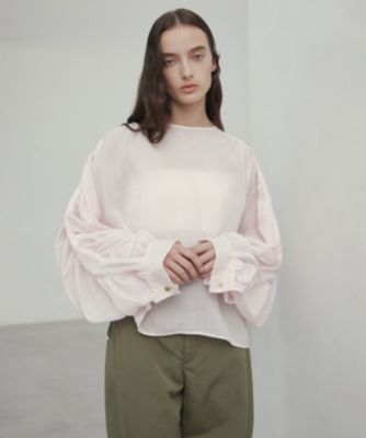25SS 今季 ベイジ ポリーヌ タックギャザーリネンボリュームブラウス BEIGE，(ベイジ)の【洗える】PAULINE / タックギャザーリネン