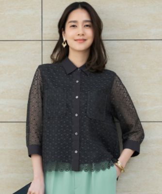 集英社HAPPY PLUS STORE自由区（ジユウク）/【SHIHOさん着用・洗える】ジオメトリックフラワーレースクロップド丈シャツ ブラウス