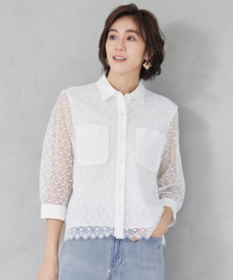 集英社HAPPY PLUS STORE自由区 L（ジユウク　エル）/【ﾄﾞﾗﾏ｢明日はもっと いい日になる｣着用】【SHIHOさん着用･洗える】ｼﾞｵﾒﾄﾘｯｸﾌﾗﾜｰﾚｰｽｸﾛｯﾌﾟﾄﾞ丈ｼｬﾂ ﾌﾞﾗｳｽ
